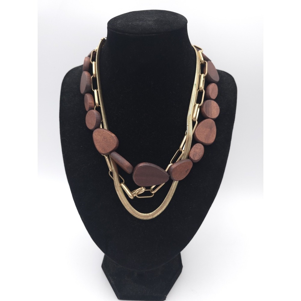 Multistrand Mixed Material Necklace Wood Gold Tone Chain Layered